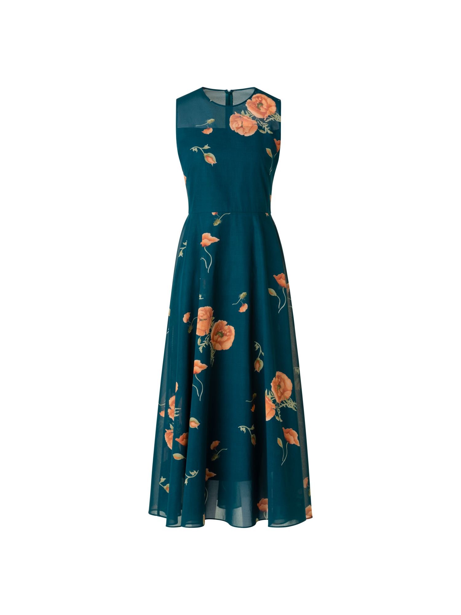 Designer A-Linien Baumwoll-Midikleid mit Anemone Druck - Grün - Bunt