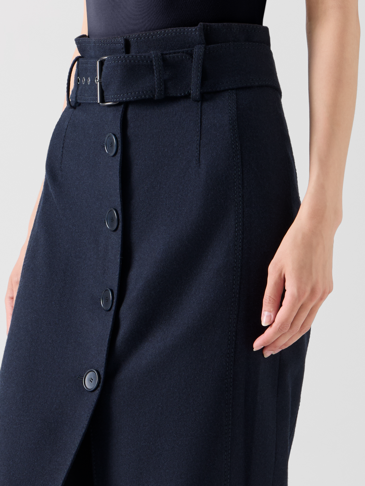 Designer Bleistiftrock aus Wollflanell mit hohem Bund - Dunkelblau 