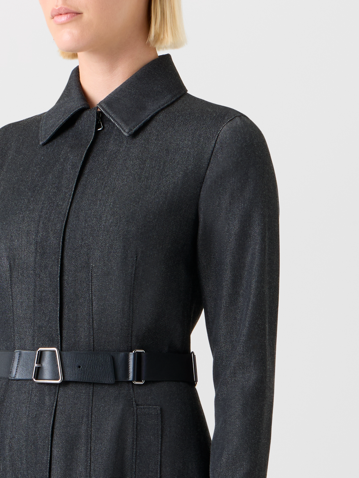 Designer Stretch Cotton Denim Midi Hemd-Kleid mit Gürtel - Grau #editorial