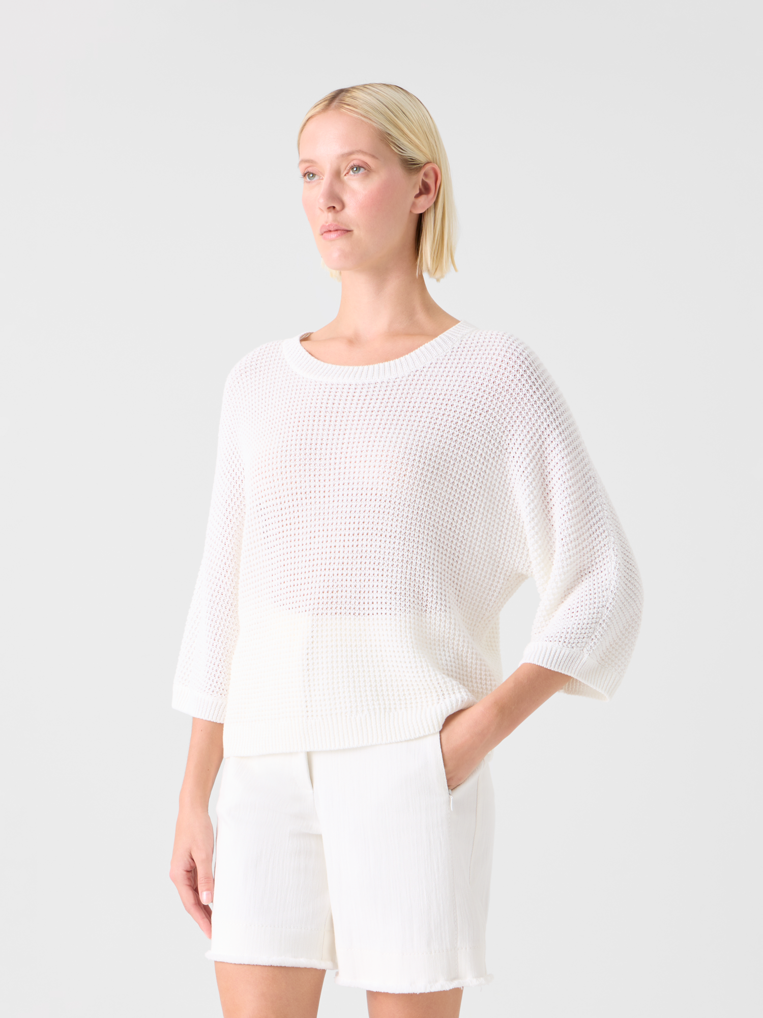 Designer Lässiger kastiger Strickpullover aus Leinen-Baumwolle - Weiss