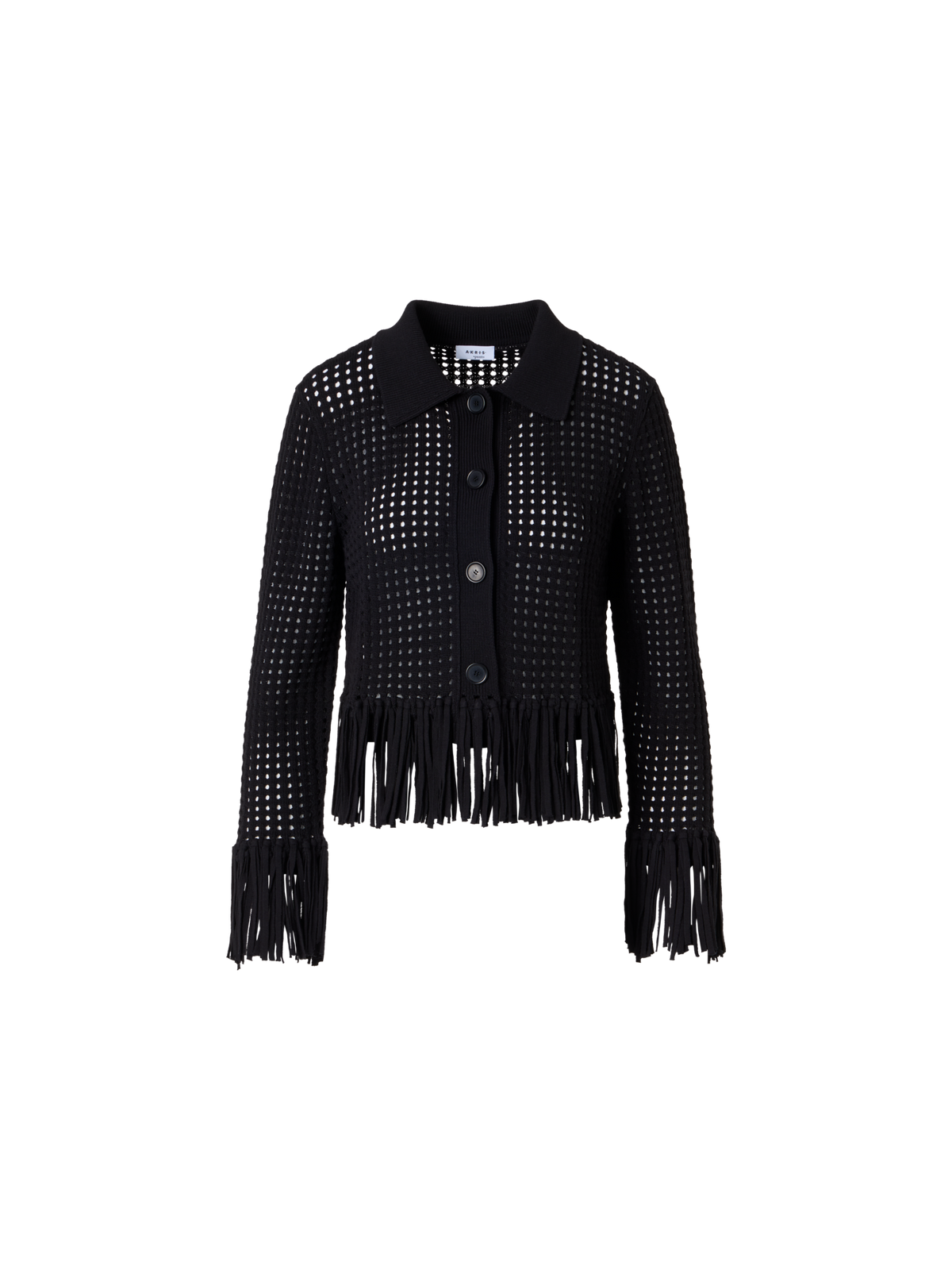 Designer Langärmelige, kurze Strickjacke aus grobem Baumwoll-Mesh - Schwarz