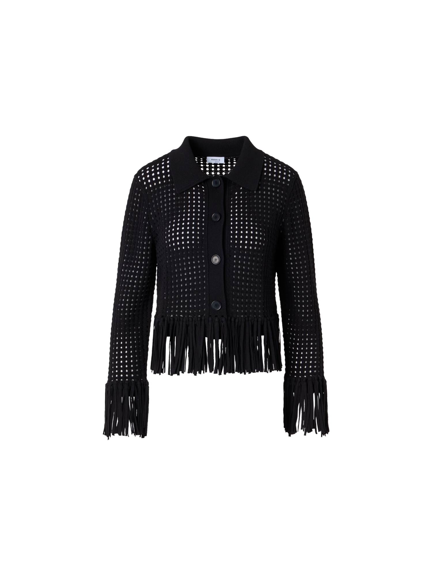 Designer Langärmelige, kurze Strickjacke aus grobem Baumwoll-Mesh - Schwarz