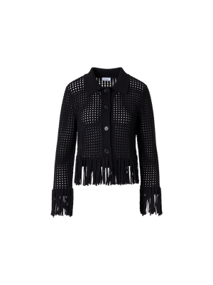 Designer Langärmelige, kurze Strickjacke aus grobem Baumwoll-Mesh - Schwarz