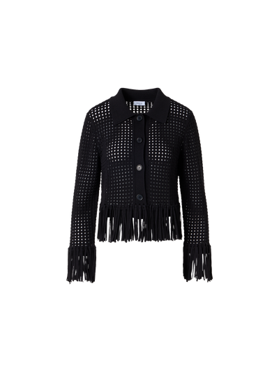 Designer Langärmelige, kurze Strickjacke aus grobem Baumwoll-Mesh - Schwarz