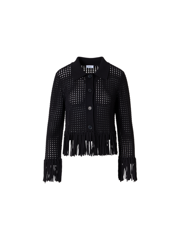 Designer Langärmelige, kurze Strickjacke aus grobem Baumwoll-Mesh - Schwarz