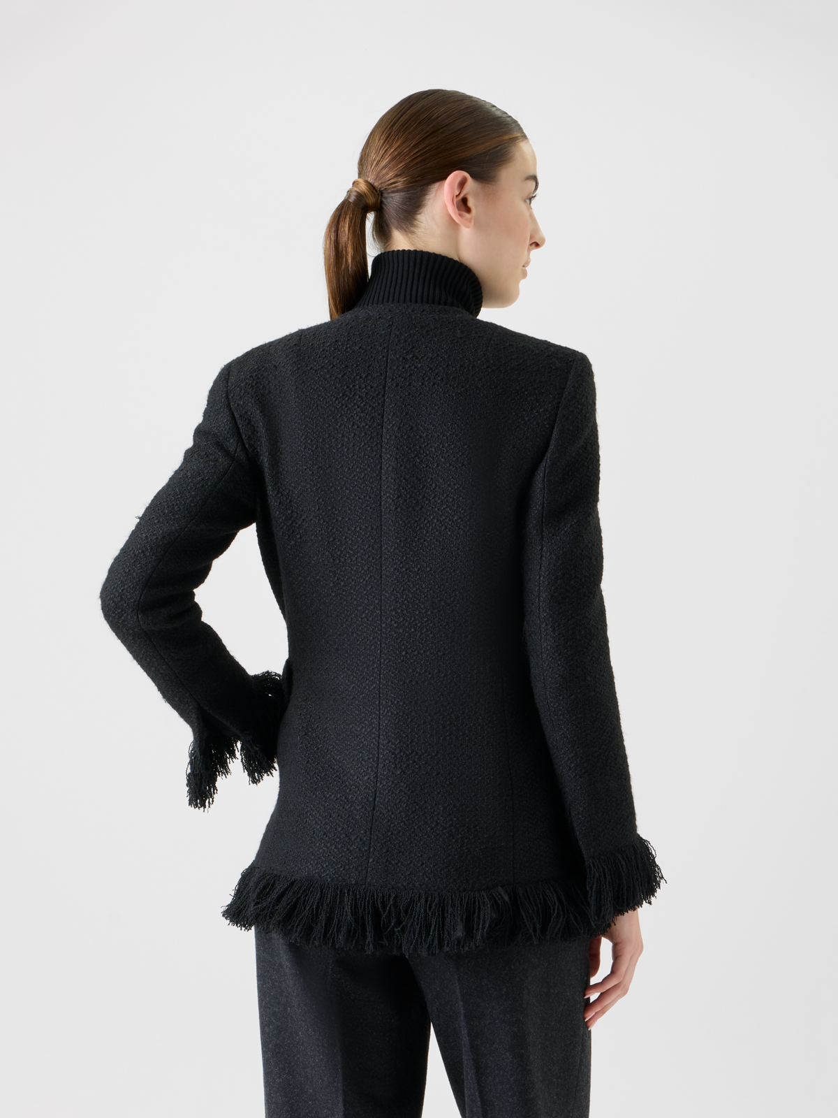 Designer Doppelreiher Illusion Jacke mit Fransen Detail - Schwarz #editorial