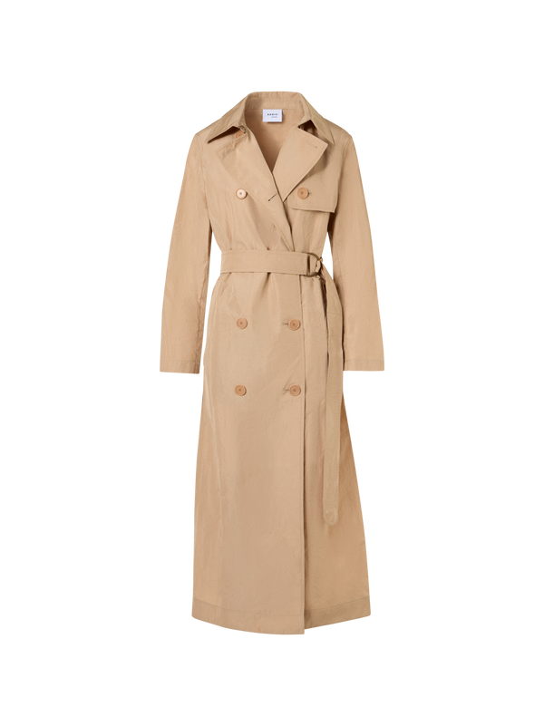 Designer Langärmeliger, langer Trenchcoat aus Crinkled-Parachute-Taft - Beige