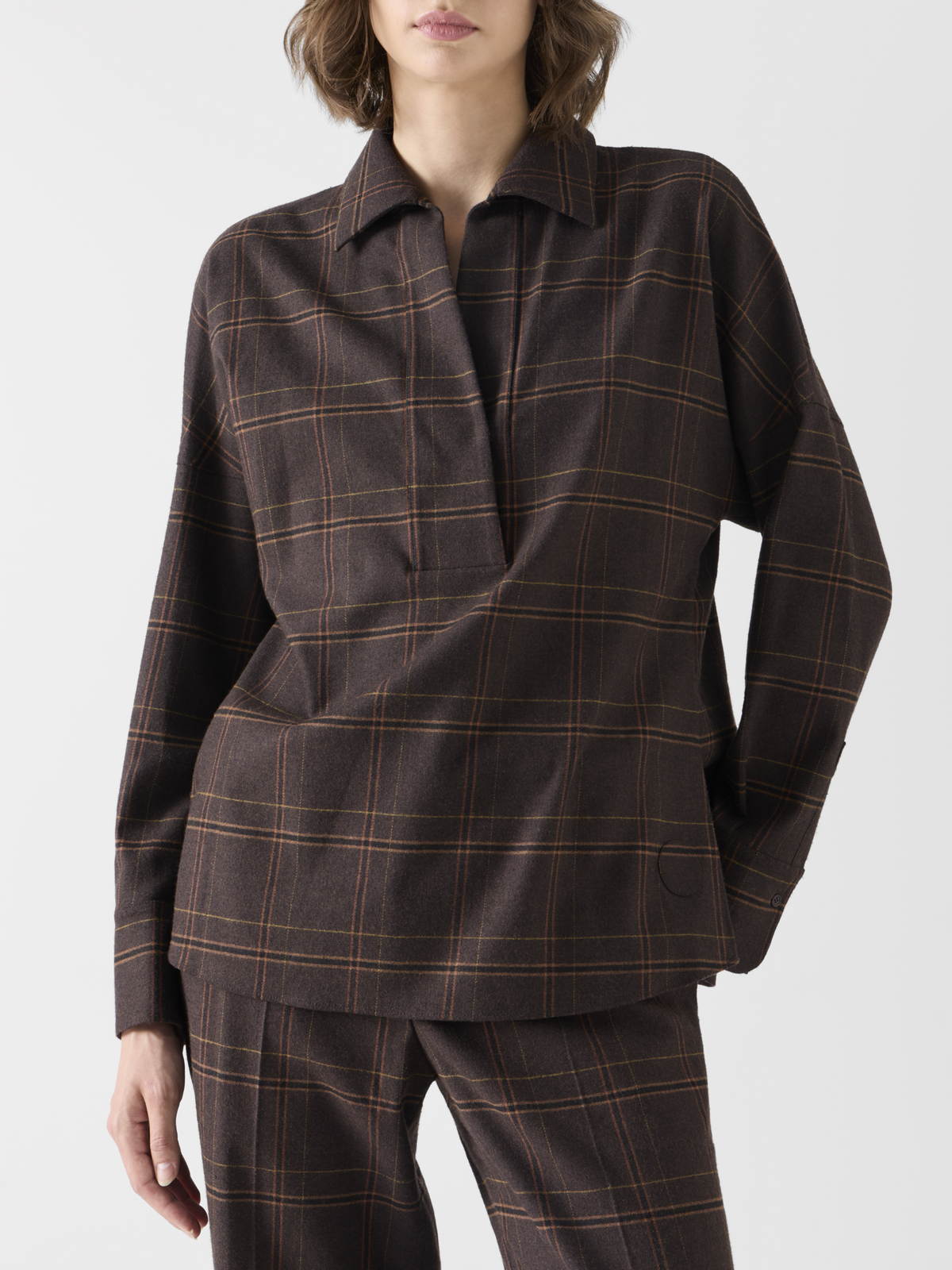 Designer Kastige Karobluse aus Flanell - Braun 