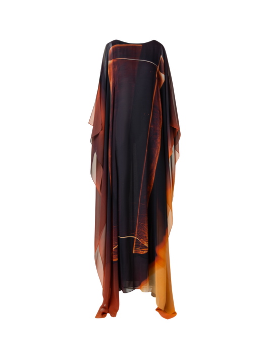Designer Kaftan-Seidenkleid mit Tube Druck - Braun - Bunt - Orange