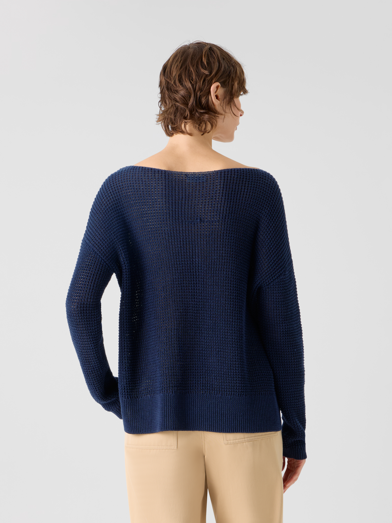 Designer Off-Shoulder-Pullover aus Leinen-Baumwolle mit V-Ausschnitt - Dunkelblau - Blau 