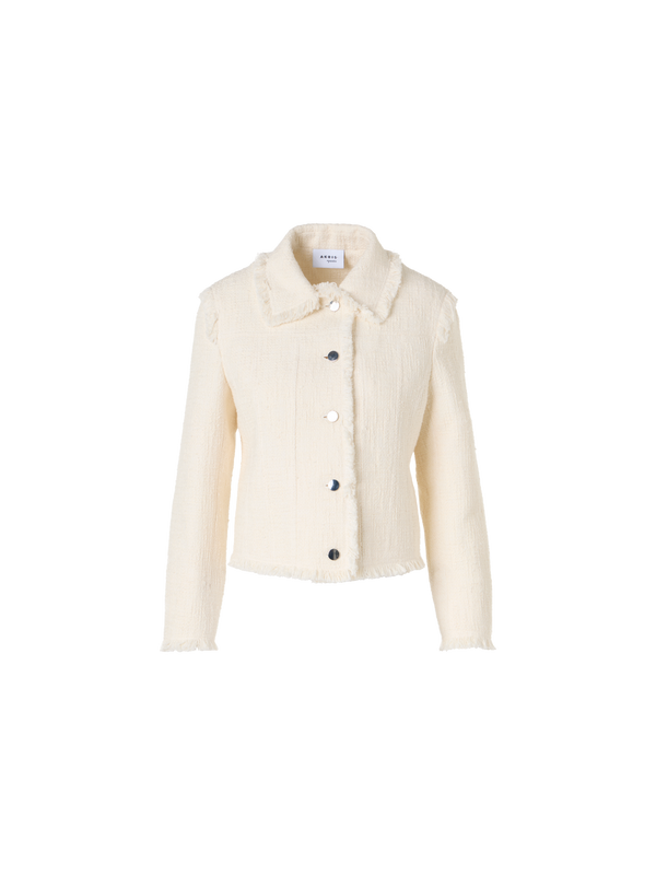 Designer Langärmelige Kurzjacke aus Baumwoll-Tweed-Mischgewebe - Ecru