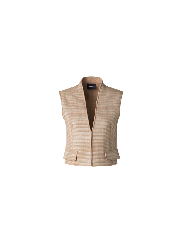 Designer Gilet aus weichem Baumwoll-Raffia und Leder - Beige