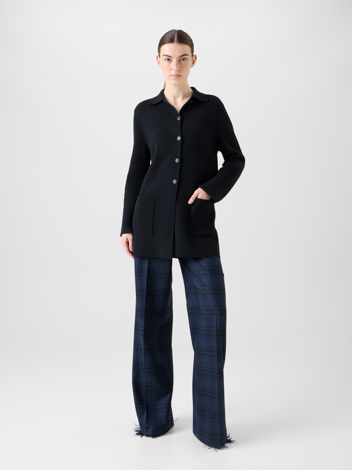 Designer Kaschmir Doubleface Kurz Strickmantel Bi-Color - Dunkelblau - Blau #editorial