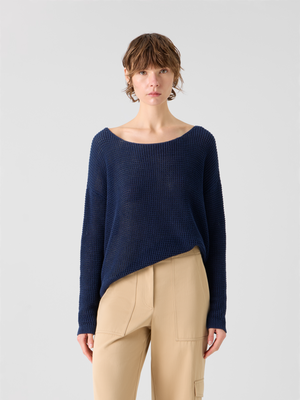 Designer Off-Shoulder-Pullover aus Leinen-Baumwolle mit V-Ausschnitt - Dunkelblau - Blau #editorial