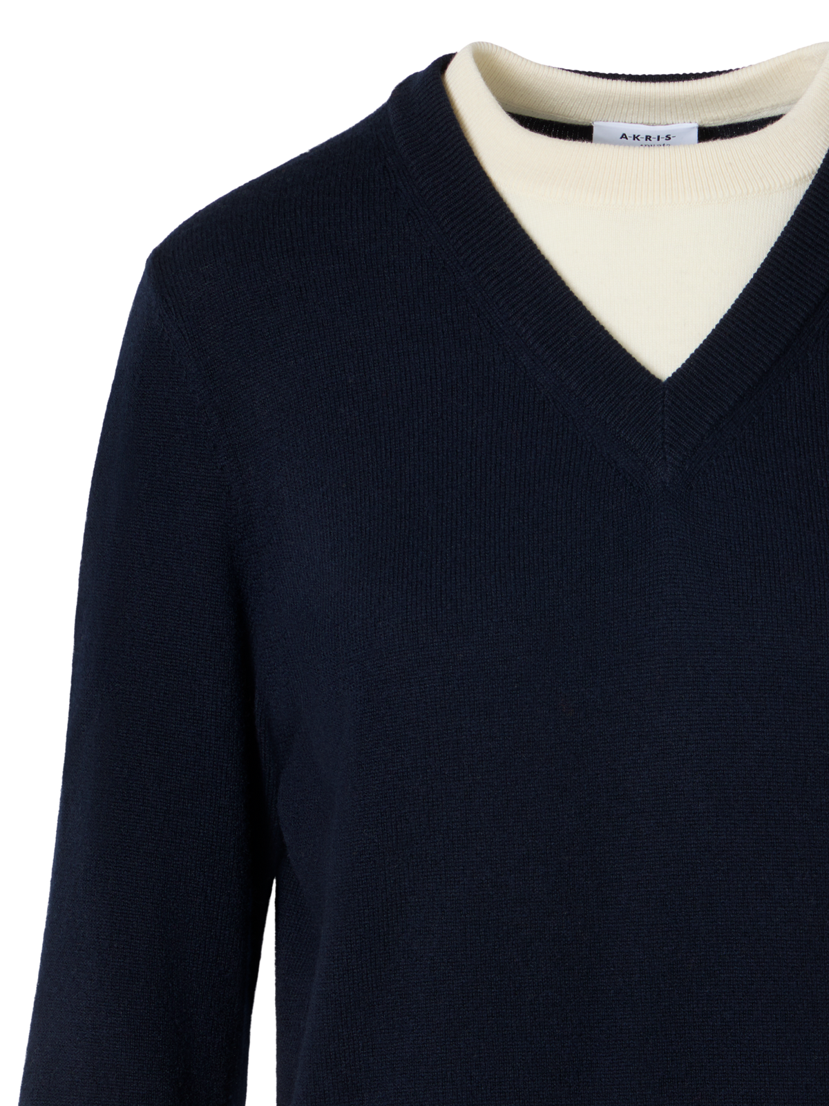 Designer Wolle-Kaschmir Pullover mit Trompe-l'Oeil V-Ausschnitt - Dunkelblau