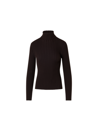 Designer Taillierter Rollkragen aus Merino-Rippstrick - Braun