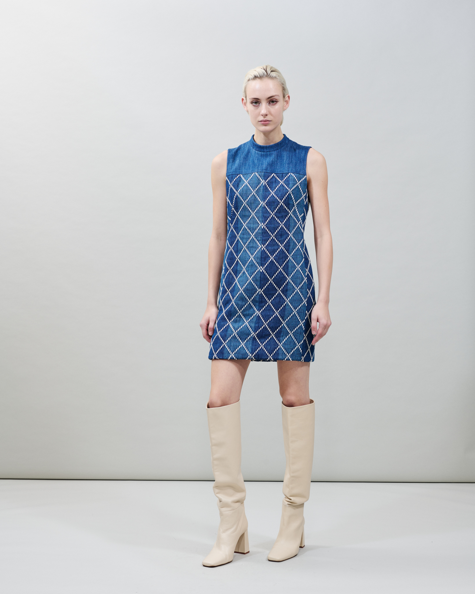 Designer Mini-Baumwoll-Etuikleid mit Diamant-Jacquard - Blau - Bunt 