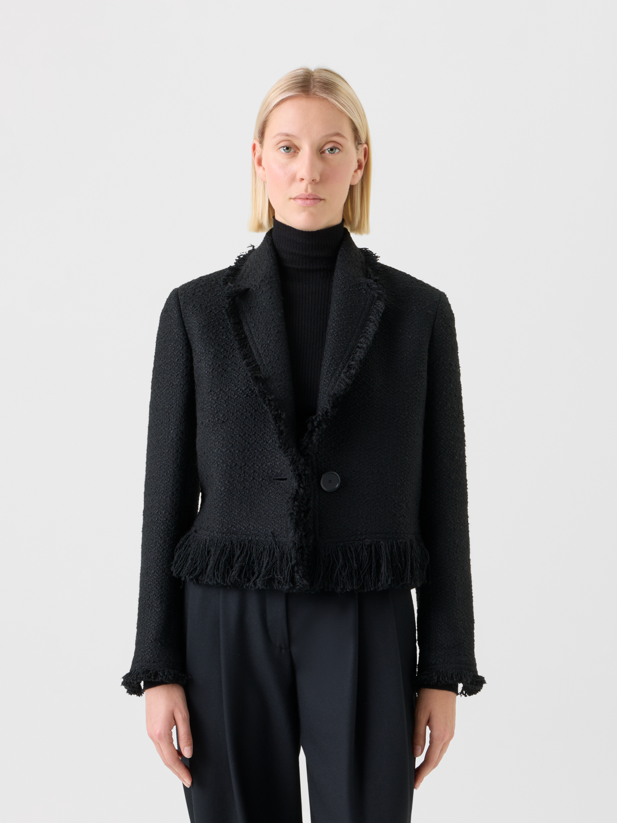 Designer Kurze Bouclé Tweed Jacke mit Fransen - Schwarz #editorial