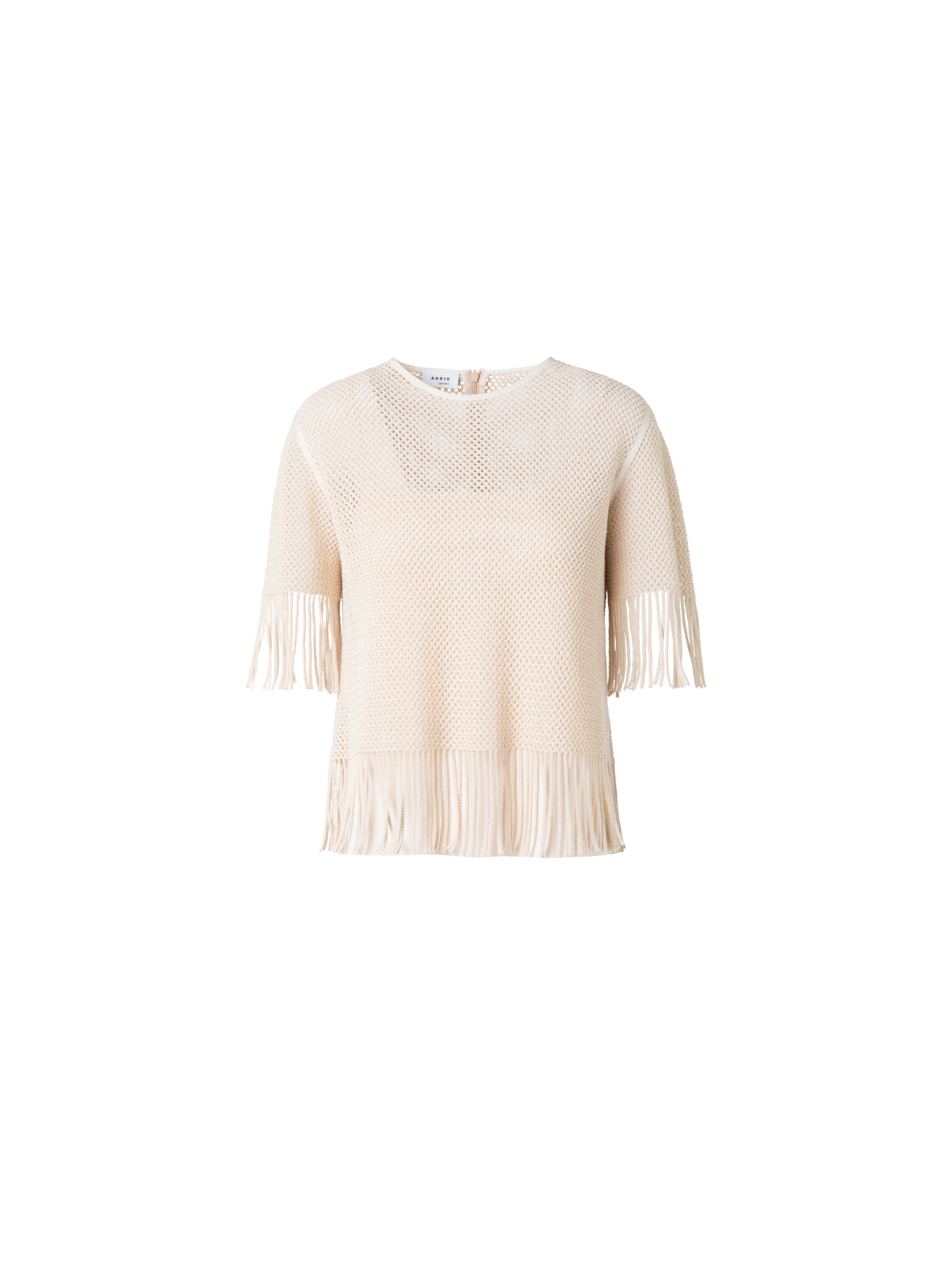 Designer T-Shirt aus Baumwoll-Mesh mit Fransen - Beige