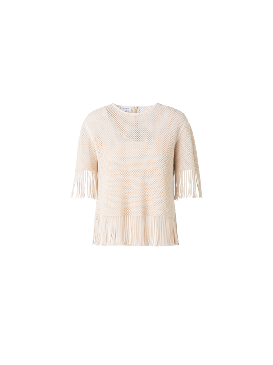 Designer T-Shirt aus Baumwoll-Mesh mit Fransen - Beige