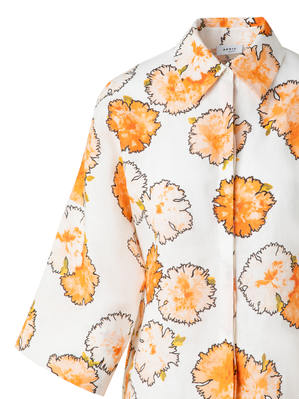 Designer Kimono-Bluse aus Leinen mit Carnation Druck - Bunt - Ecru - Orange - Weiss