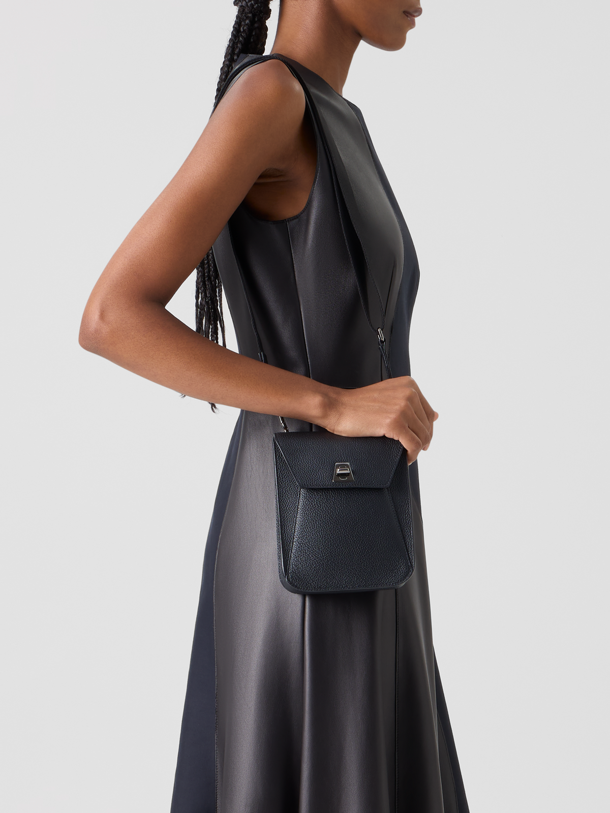 Designer Ausgestelltes Midikleid mit Leder-Patchwork - Schwarz #editorial