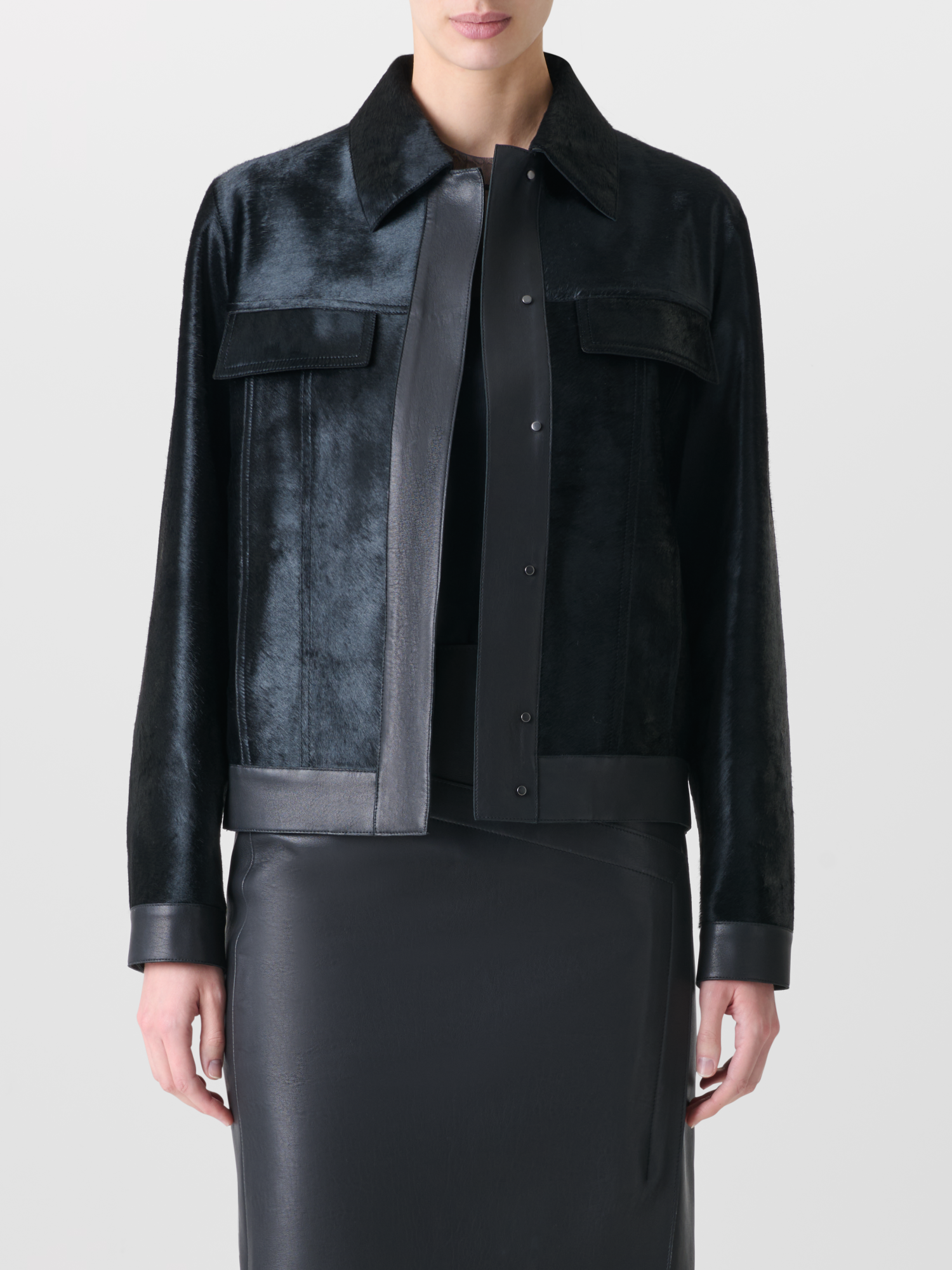 Designer Kurze Shearling-Jacke mit Lederbesatz - Schwarz 