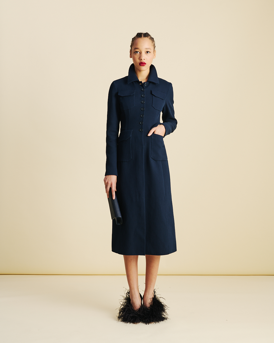 Designer Tailliertes Woll Doubleface Midi Mantel-Kleid - Dunkelblau - Blau #editorial