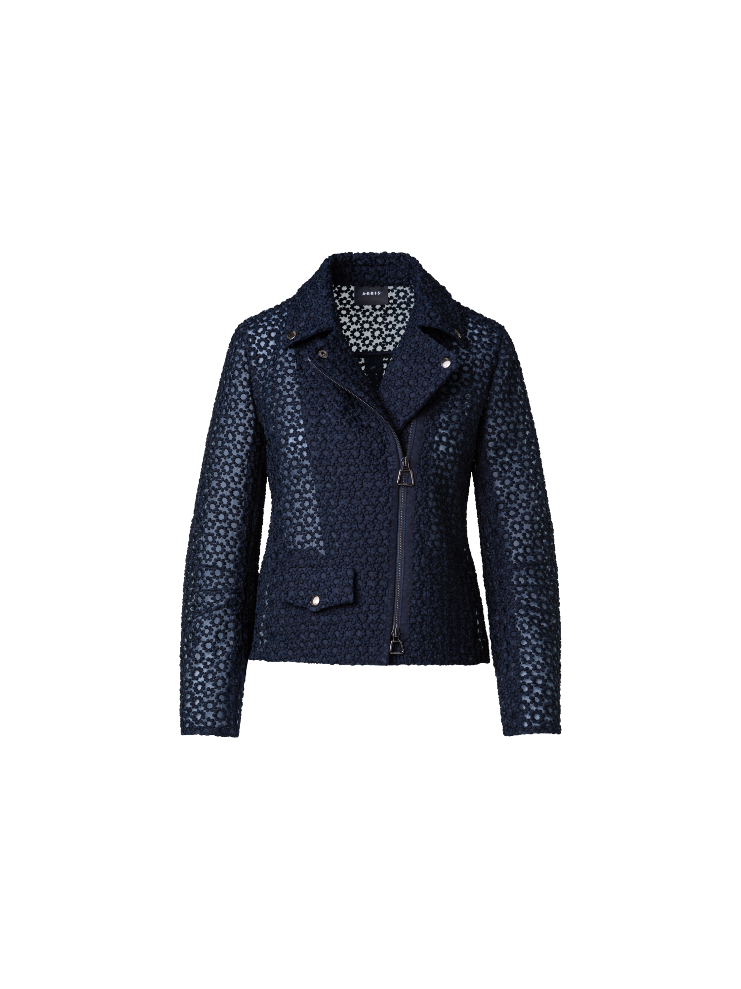 Designer Organza-Bikerjacke mit Blumenstickerei - Dunkelblau - Blau