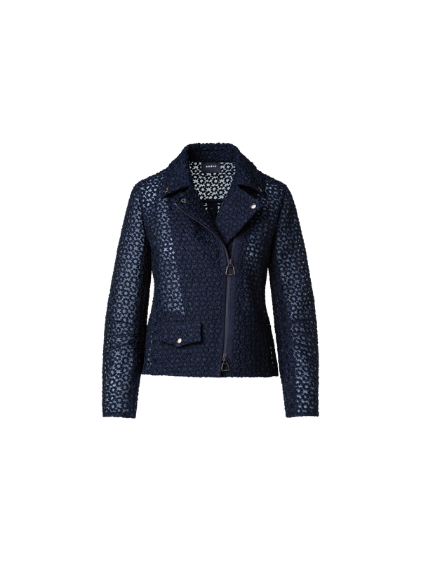 Designer Organza-Bikerjacke mit Blumenstickerei - Dunkelblau - Blau