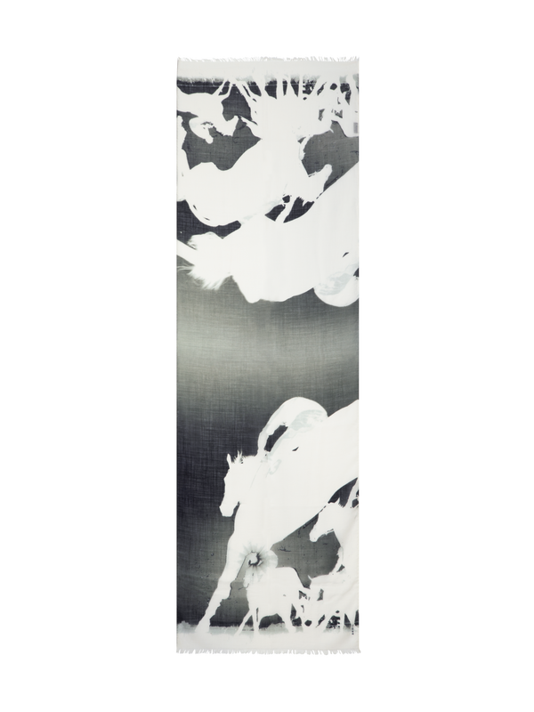 Designer Schal aus Kaschmir und Seide mit Turf-Druck - Schwarz - Bunt - Ecru - Weiss