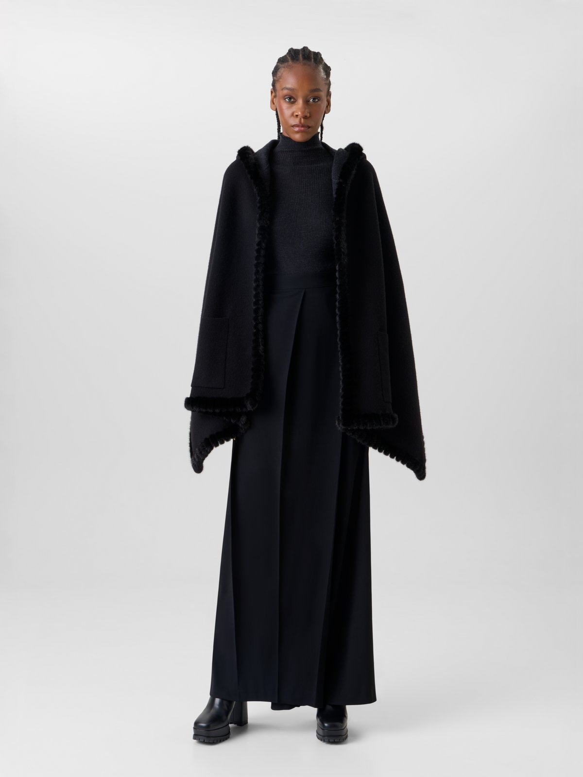 Designer Wendbares Kaschmir-Cape mit Kapuze und Nerzbesatz - Grau - Schwarz 