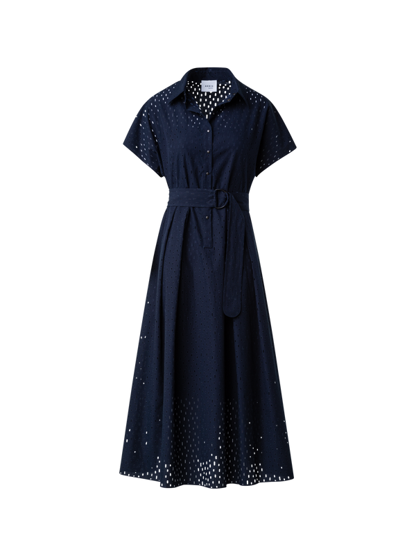 Designer Baumwoll-Midikleid mit Lasercut-Gittermuster - Dunkelblau