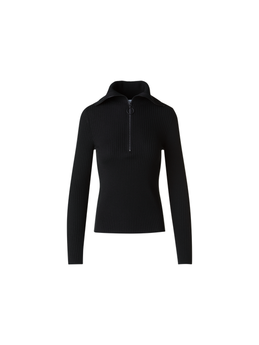 Designer Matrosen Kragen Merino Rippenstrick Pullover - Schwarz