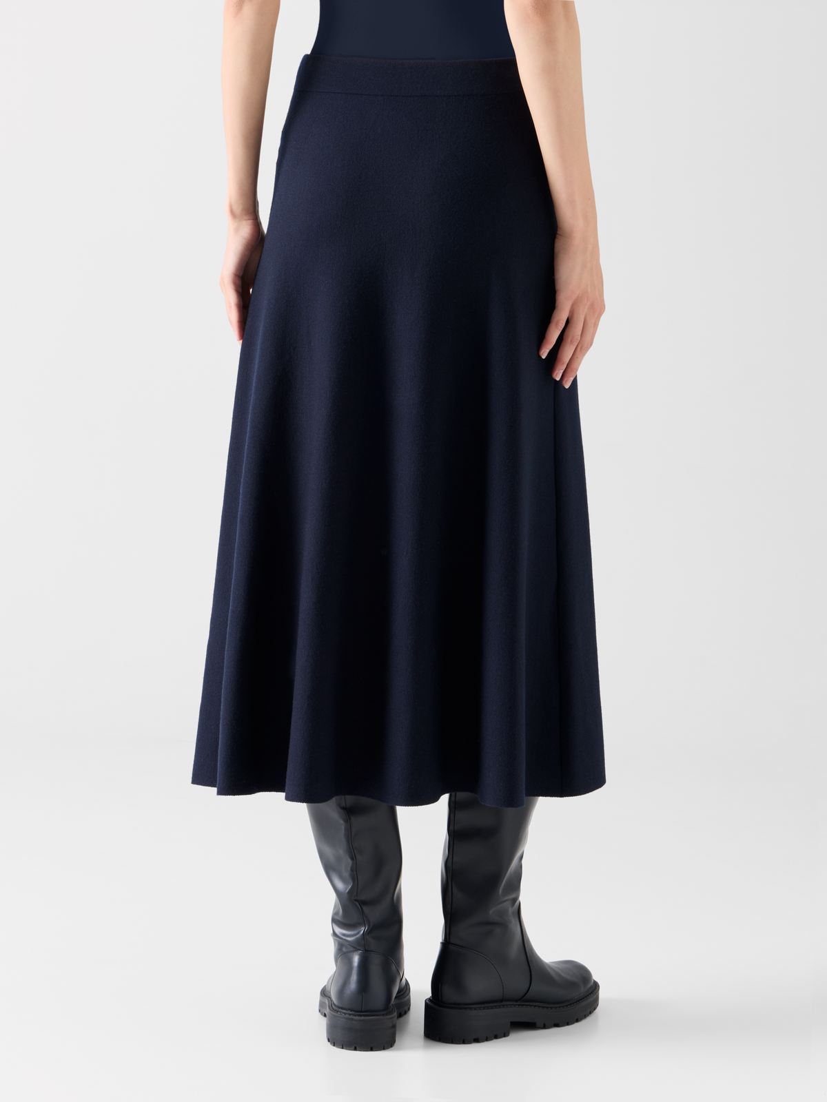 Designer Ausgestellter Midirock aus Milano-Strick - Dunkelblau 