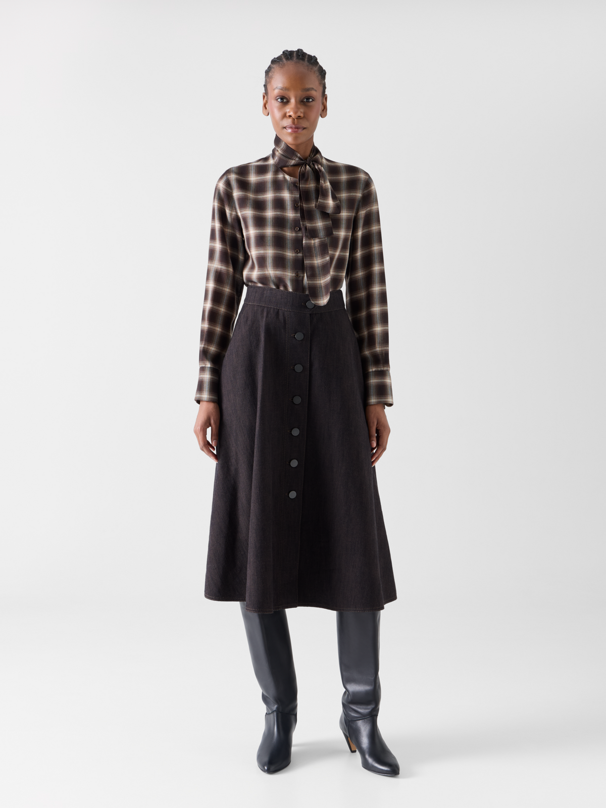 Designer Ausgestellter Midirock aus Winter-Denim - Braun #editorial