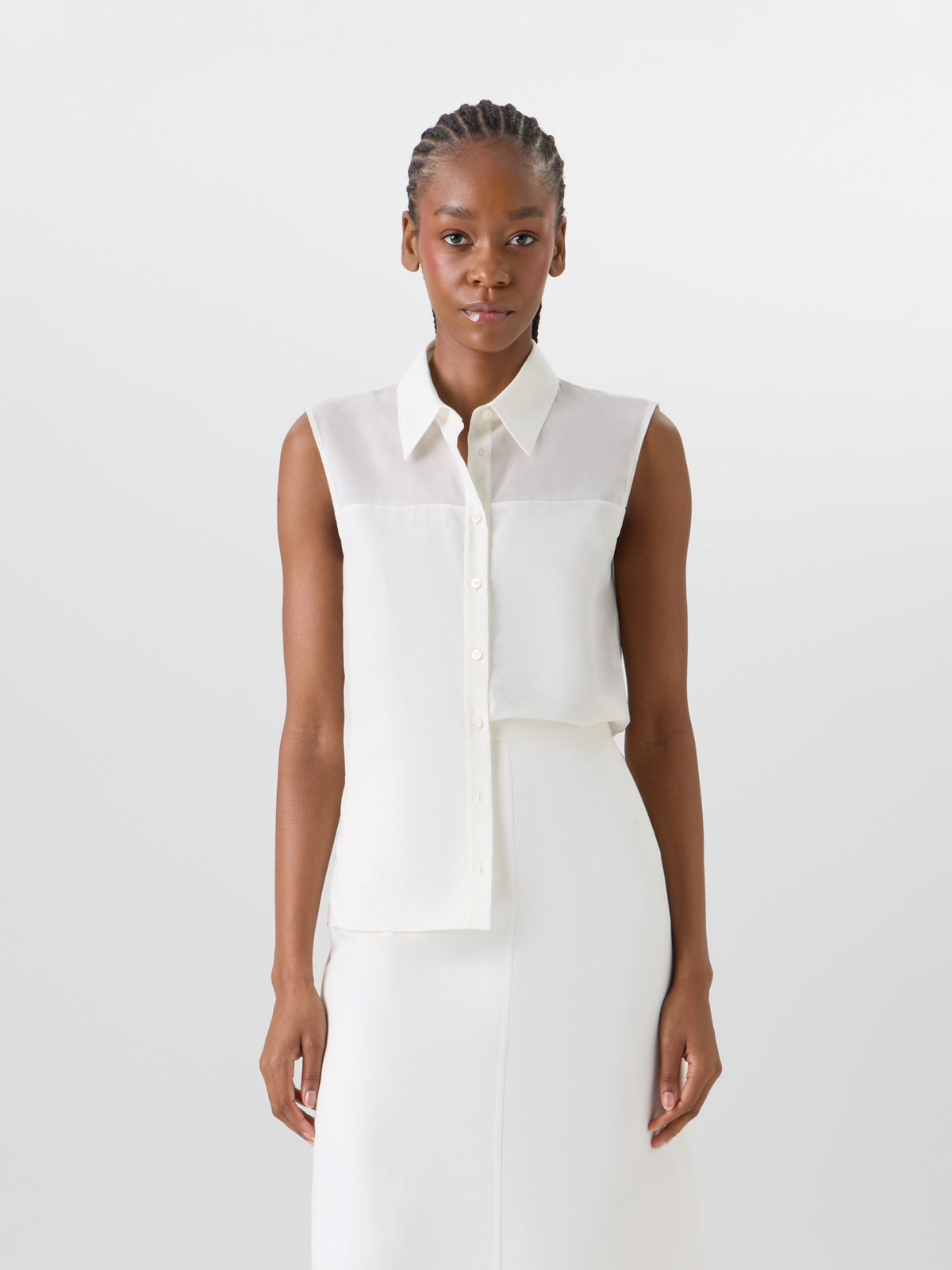 Designer Ärmellose Bluse aus Baumwollvoile - Ecru #editorial