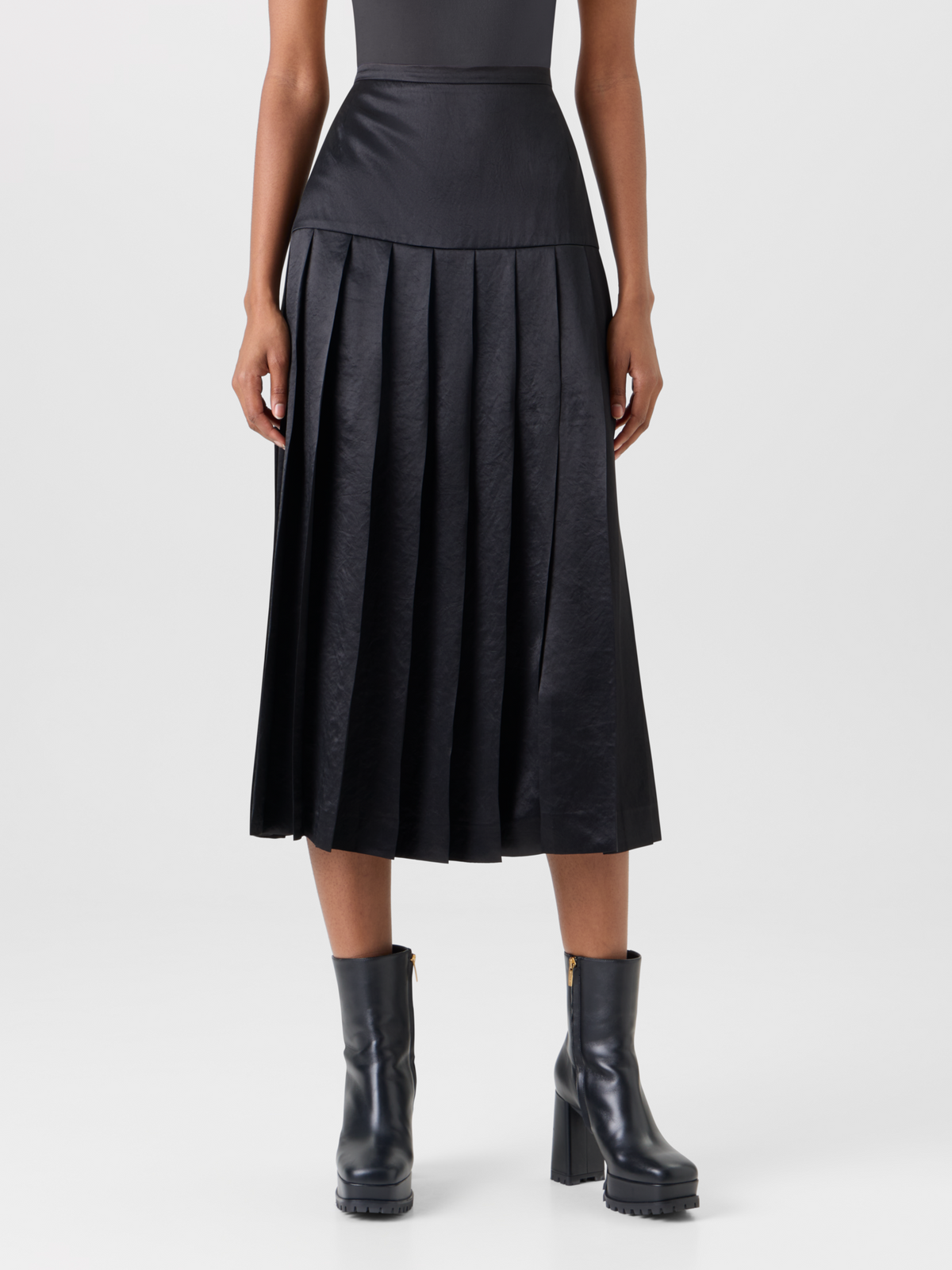 Designer Plissierter Midirock aus Satin - Schwarz 
