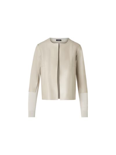 Designer Strick-Cardigan mit Lederpanelen und transparentem Rücken - Beige