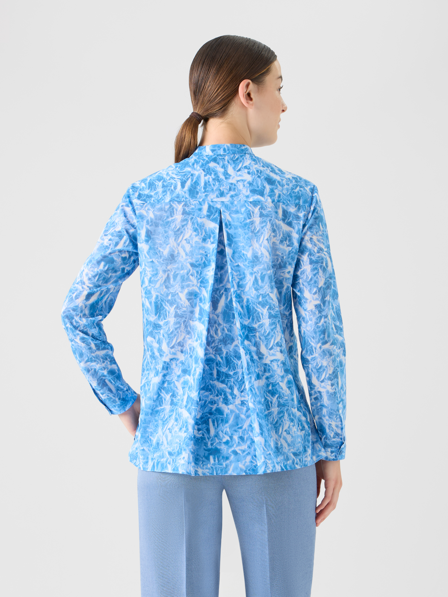 Designer Tunika-Bluse aus Baumwoll-Voile mit Whitecaps-Print - Blau 