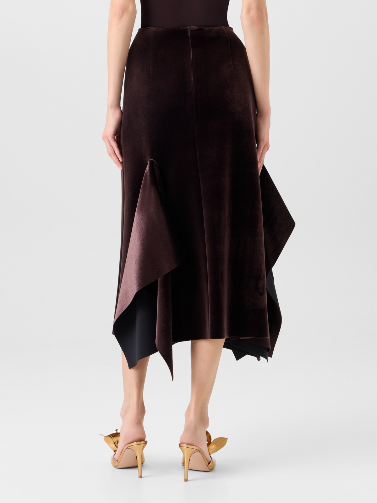 Designer Asymmetrischer Midirock aus Samt-Neopren - Weinrot 