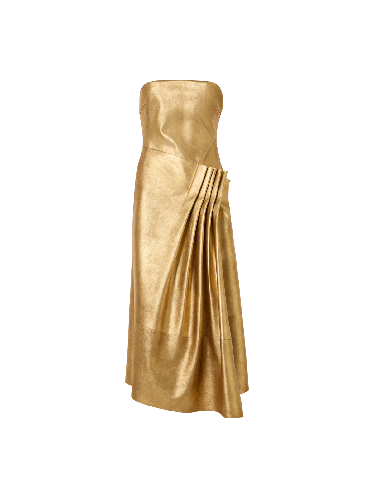 Designer Bustier-Robe aus Lamé-Leder mit Drapierung vorne - Gold