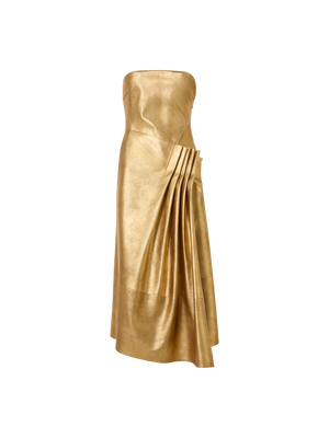 Designer Bustier-Robe aus Lamé-Leder mit Drapierung vorne - Gold