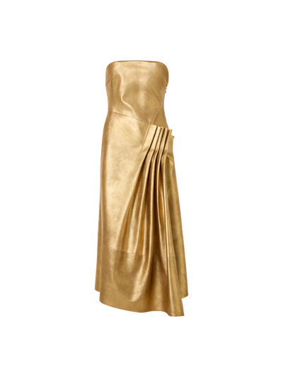 Designer Bustier-Robe aus Lamé-Leder mit Drapierung vorne - Gold