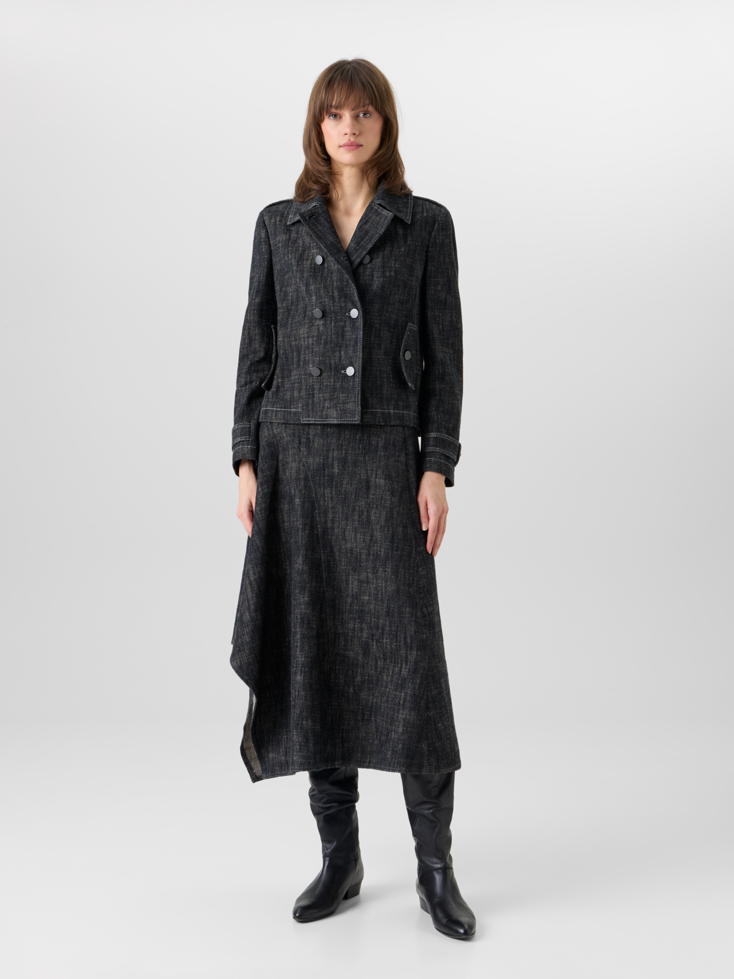 Designer Langärmelige Jacke aus schwerem, gewaschenem Baumwoll-Denim - Schwarz 