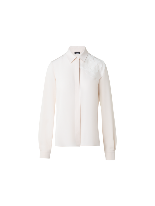 Designer Seidenbluse mit 3D Organza-Anemone - Ecru - Weiss