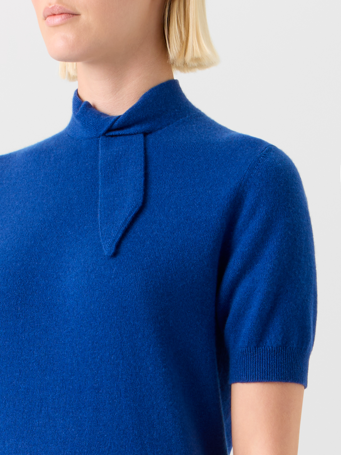 Designer Kurzarm  Kaschmir Pullover Kragen Knoten Detail - Blau 
