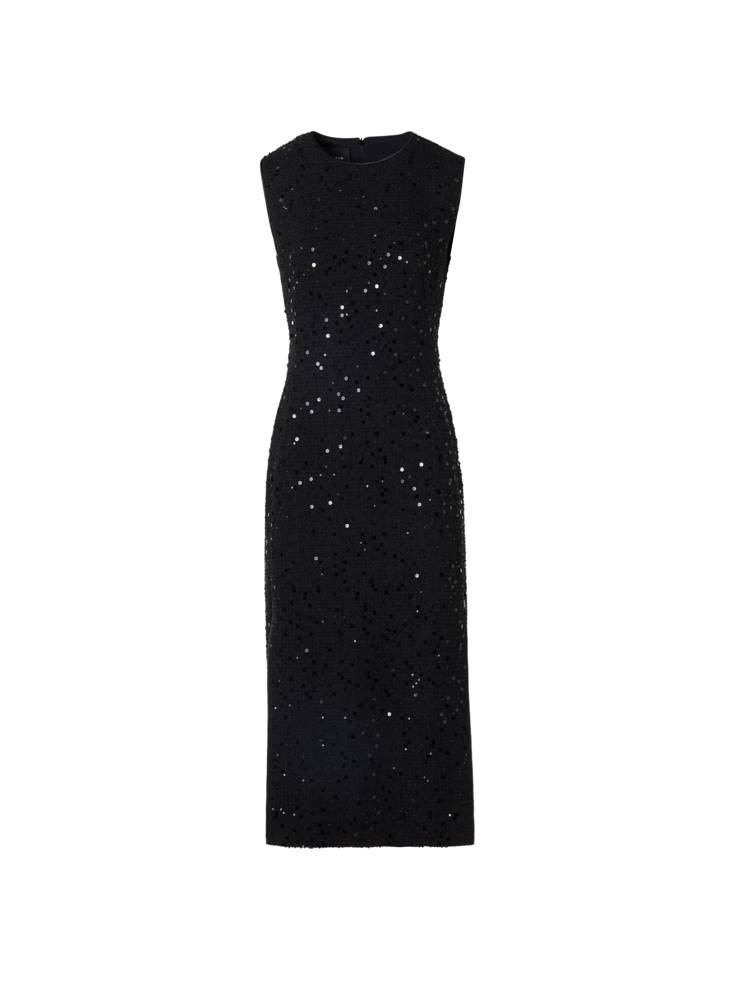 Designer Ärmelloses Midi-Etuikleid aus Baumwoll-Woll-Tweed mit Pailletten - Schwarz