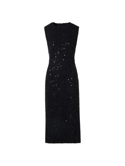 Designer Ärmelloses Midi-Etuikleid aus Baumwoll-Woll-Tweed mit Pailletten - Schwarz