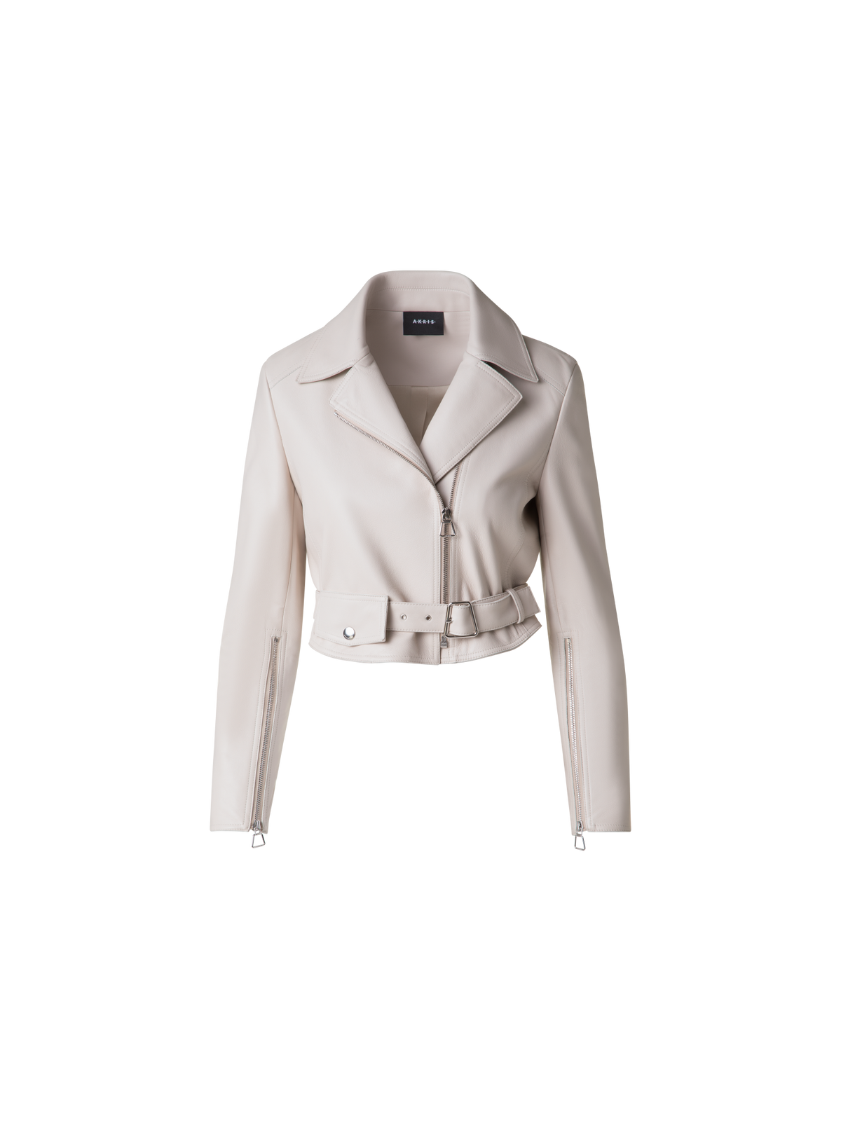 Designer Cropped Leder-Bikerjacke - Grau - Beige